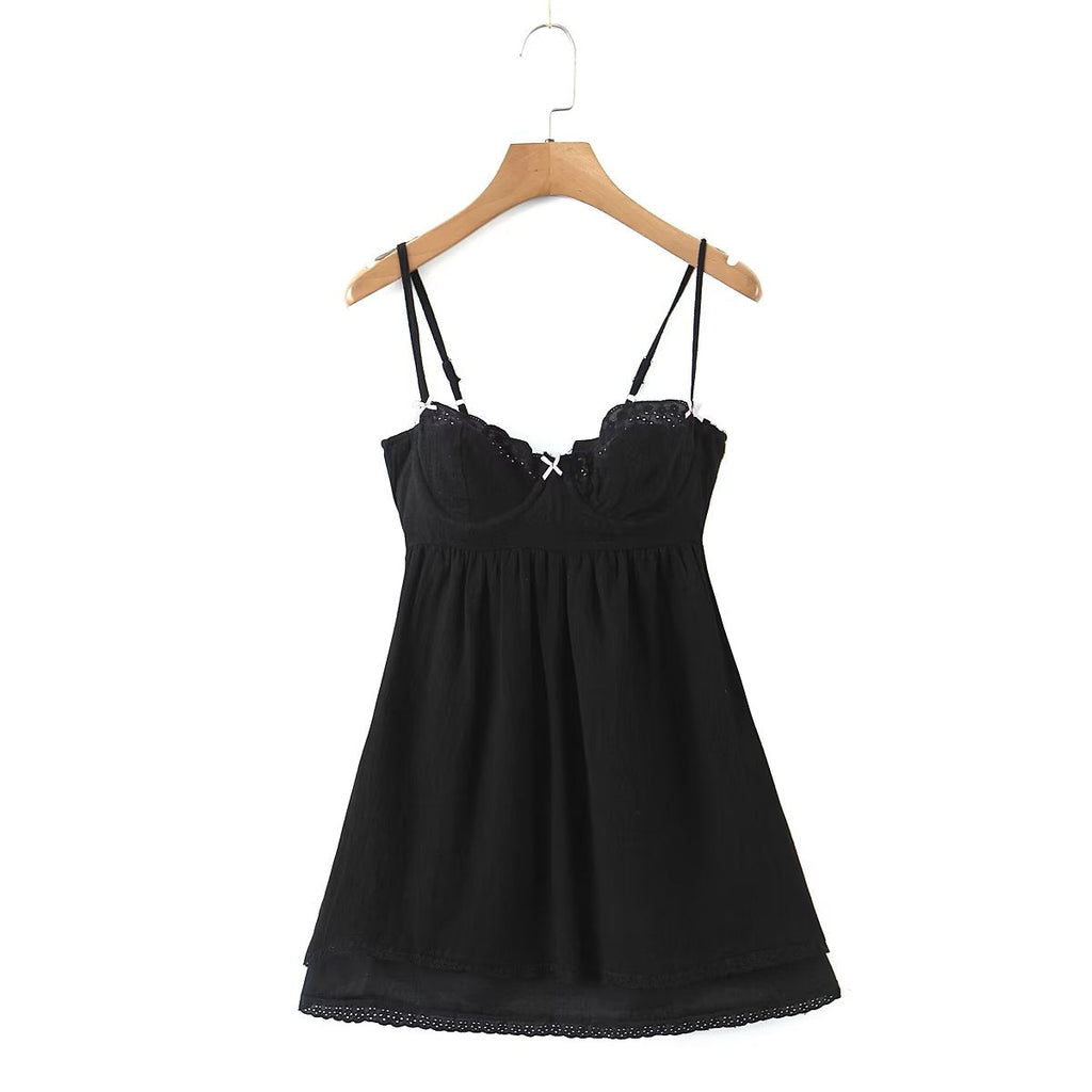 Fall Women Clothing Black Lace Panel Cotton Strap Mini Dress