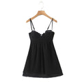 Fall Women Clothing Black Lace Panel Cotton Strap Mini Dress