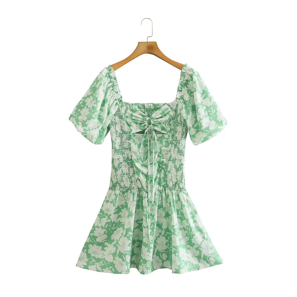 Winter Fresh Square Collar Puff Sleeve Green Pleated Ruffled Dress for Women