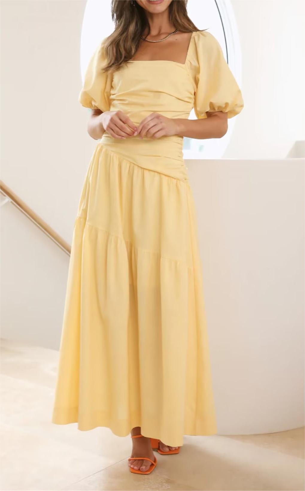Autumn Women Yellow Square Collar Short Sleeve Waist Dress