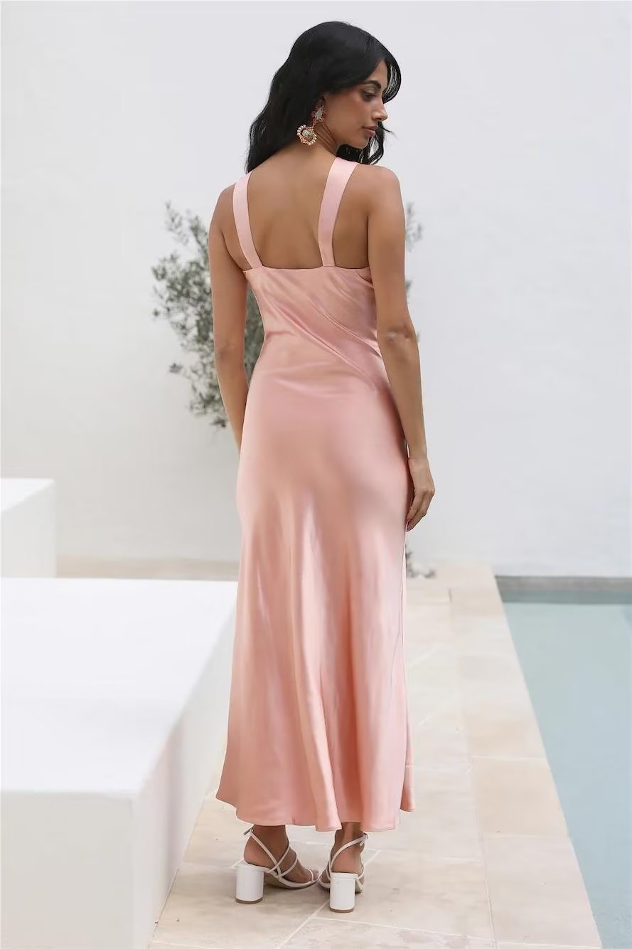 Winter Pink Halter Waist Tight Slimming Slit Dress Women Dress