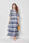 Women Summer High End Blue And White Porcelain Printed Flared Sleeve Cake Dress Silk Large Pendulum Dress