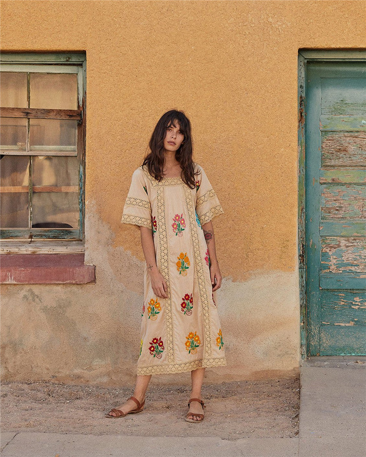 Women Spring And Summer Bohemian Holiday Flowers Embroidered Lace Tapered Hollow Dress