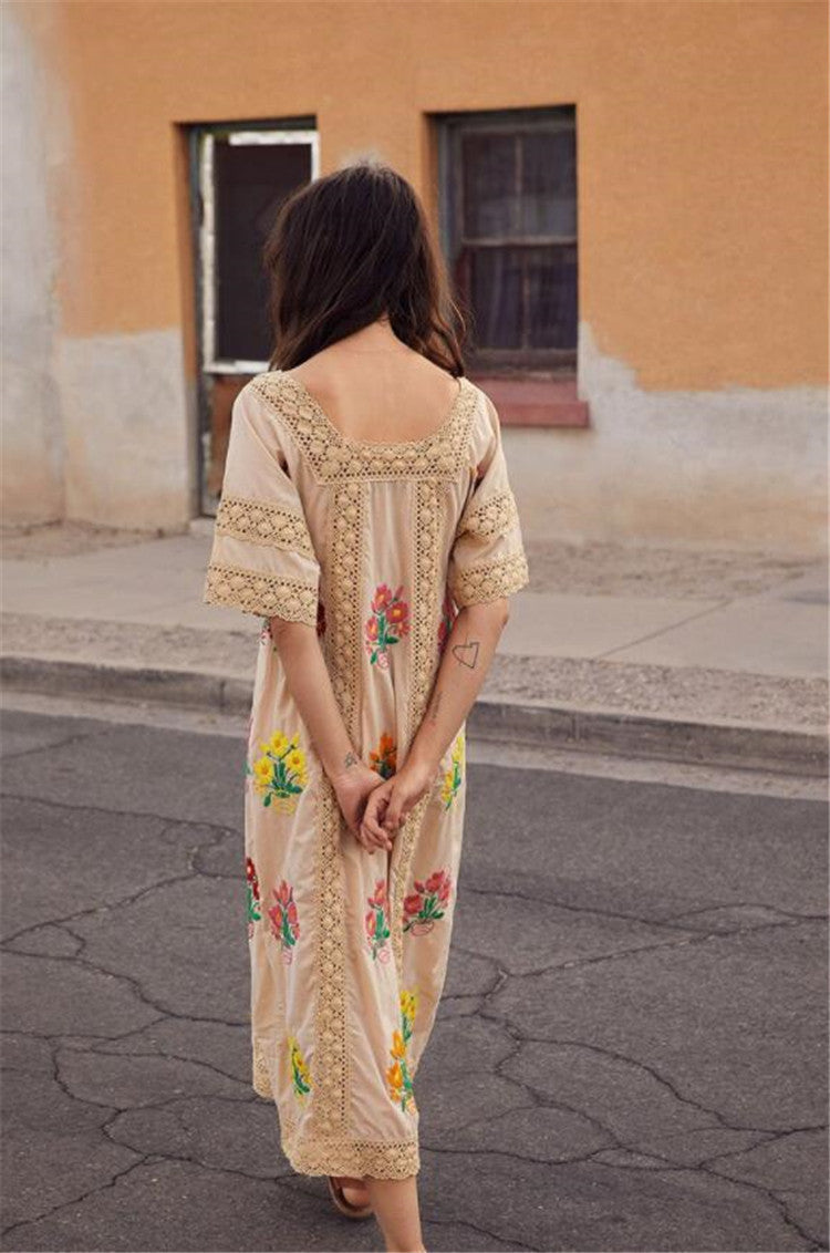 Women Spring And Summer Bohemian Holiday Flowers Embroidered Lace Tapered Hollow Dress