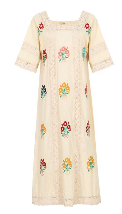Women Spring And Summer Bohemian Holiday Flowers Embroidered Lace Tapered Hollow Dress
