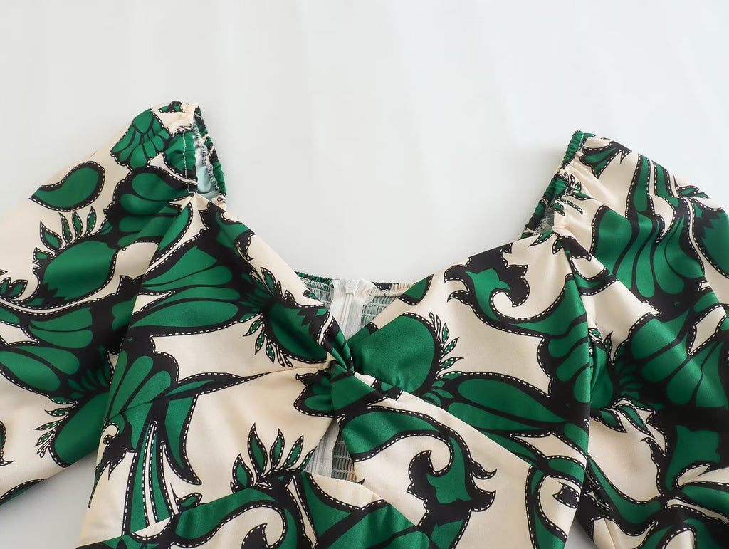 Fresh Printing Dress Slim Fit Fashionable Short Sweet Early Spring Square Collar Elastic A Line