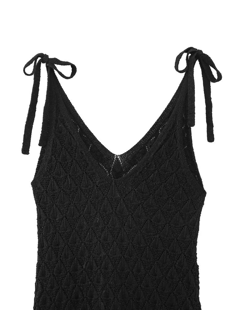 Spring Women Clothing V neck Mid Length Hollow Out Cutout Knitted Tie Strap Dress for Women