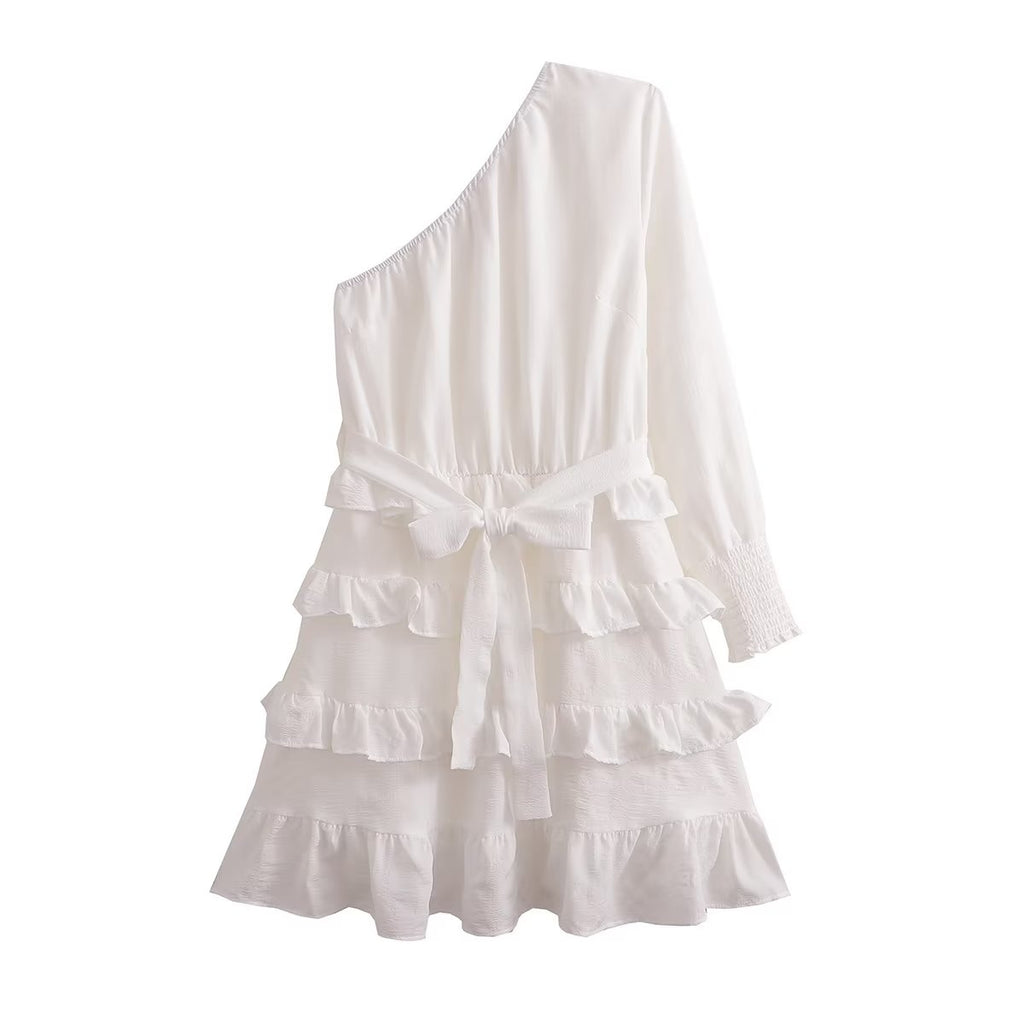 Women Spring Fall Texture Diagonal Shoulder Tiered Dress Diagonal Collar