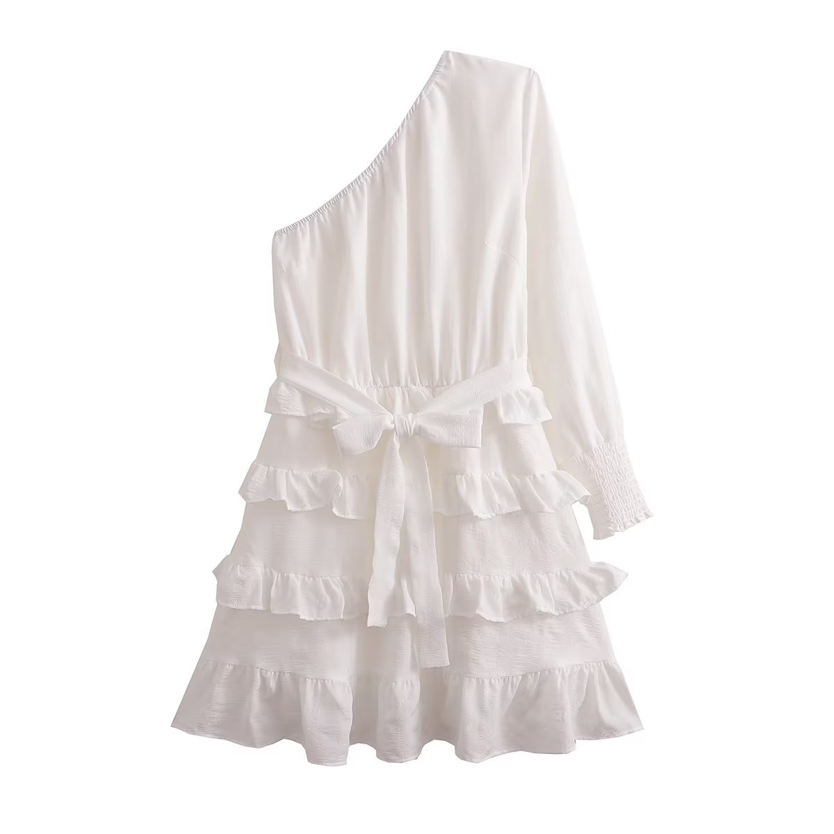 Women Spring Fall Texture Diagonal Shoulder Tiered Dress Diagonal Collar