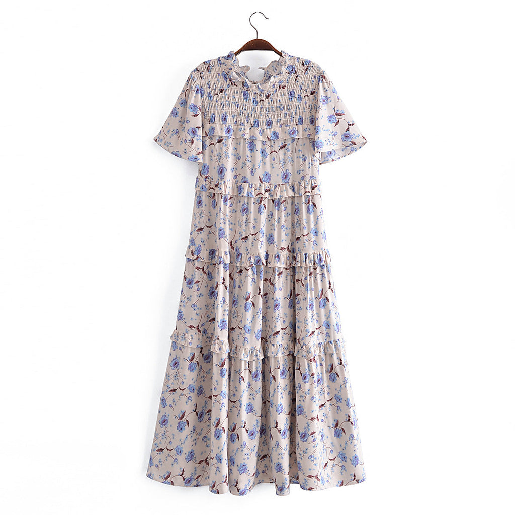 Summer Women Rayon Printed Elastic Tiered Dress Short Sleeve Dress Mid Length