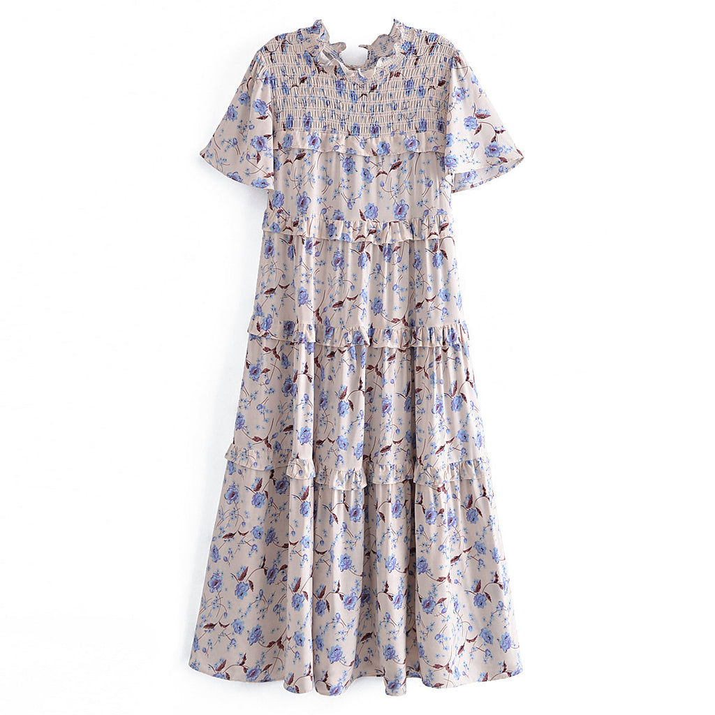 Summer Women Rayon Printed Elastic Tiered Dress Short Sleeve Dress Mid Length