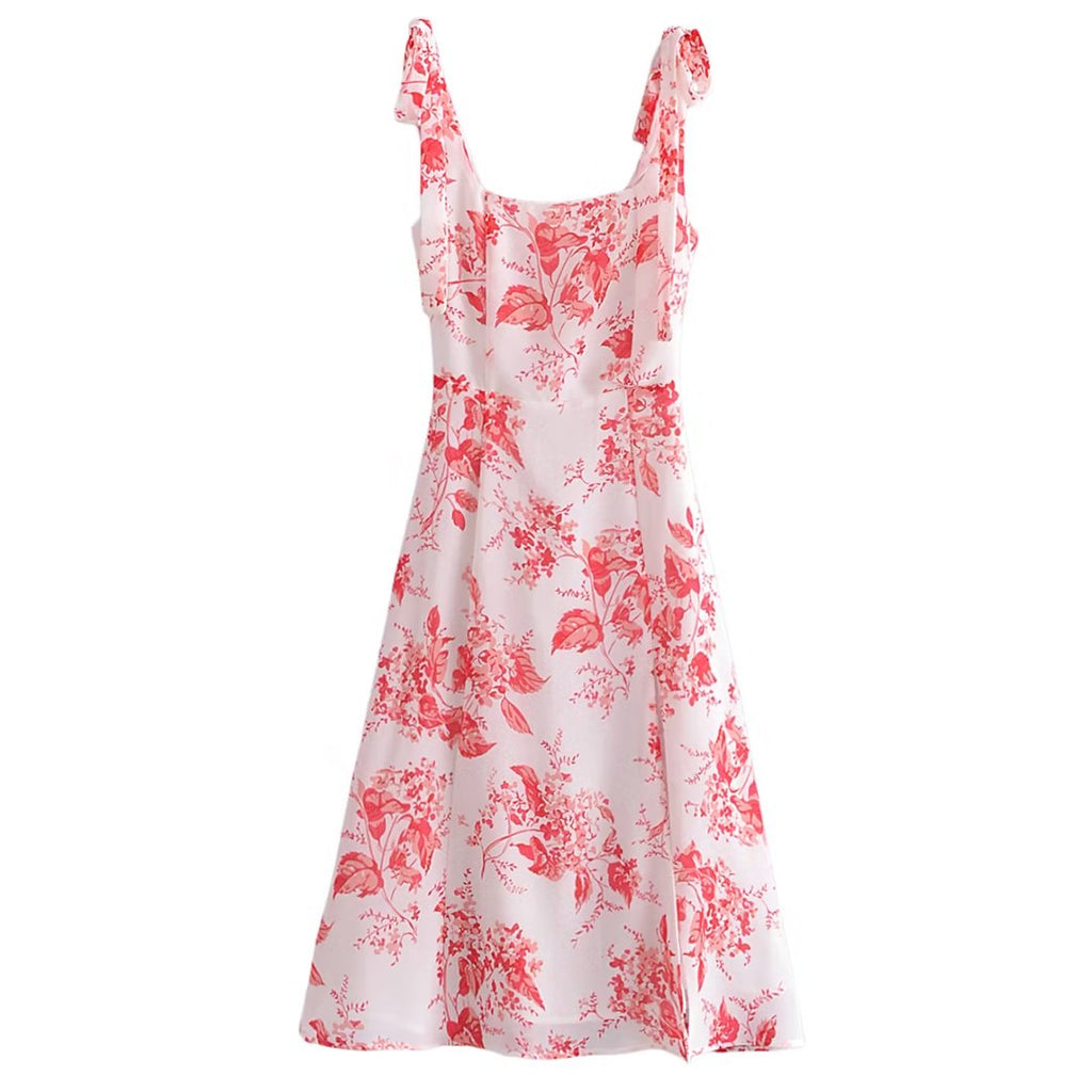 Summer Floral Print Slim Fit Slimming Sexy Side Split Lace up Cami Dress Midi Dress