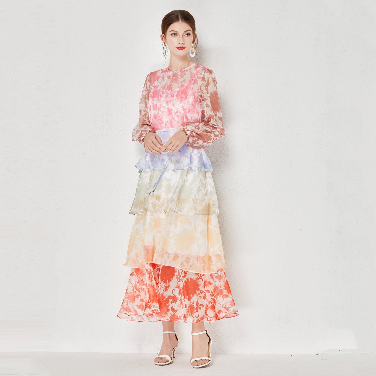 Women Stitching Multi Layer Heavy Industry Tiered Dress Two Piece Dress Lace Up