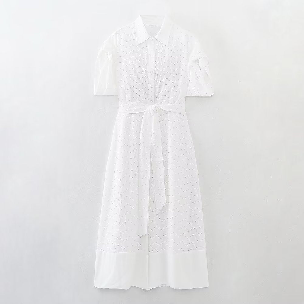 Summer Women Clothing Collared Short Sleeve Embroidered Midi Dress Dress