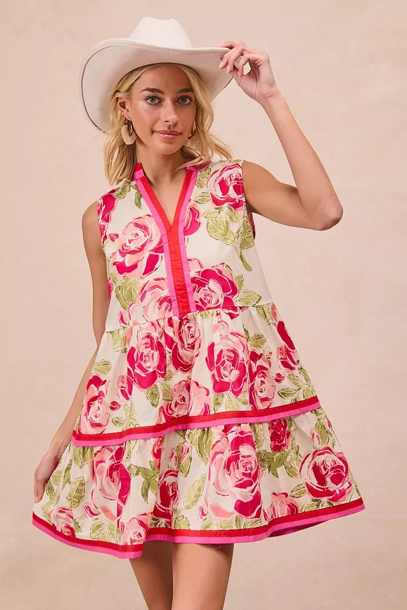 BiBi Floral Woven Contrast Edge Tiered Ruffle Mini Dress