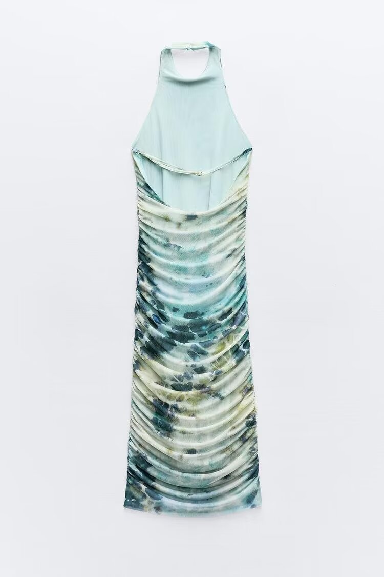 Spring Summer Women Clothing Ink Printing Deep V Plunge Large Backless Dress