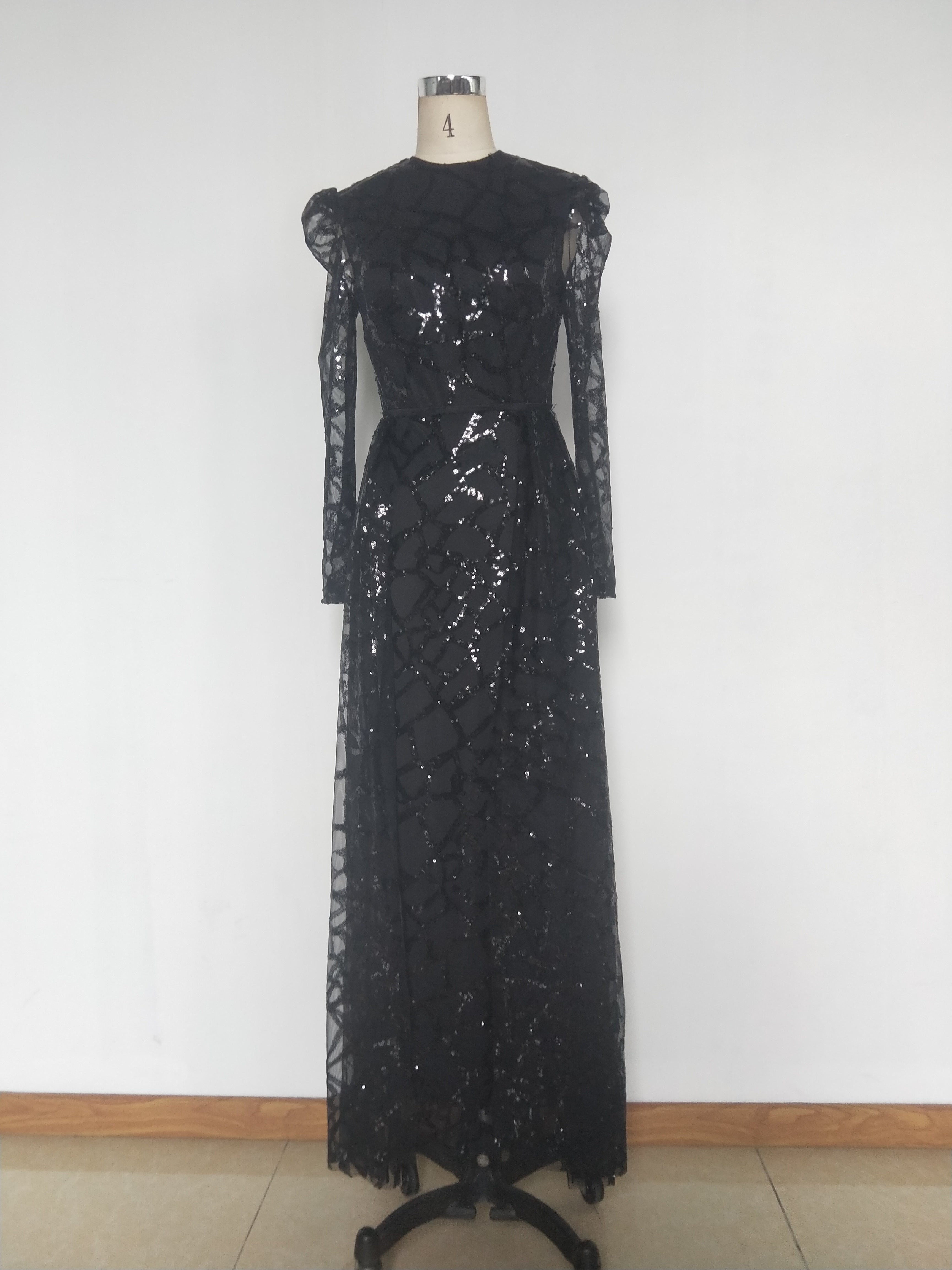 Spring Summer Women Clothing Long Sleeve Sequined Large Swing Evening Dress