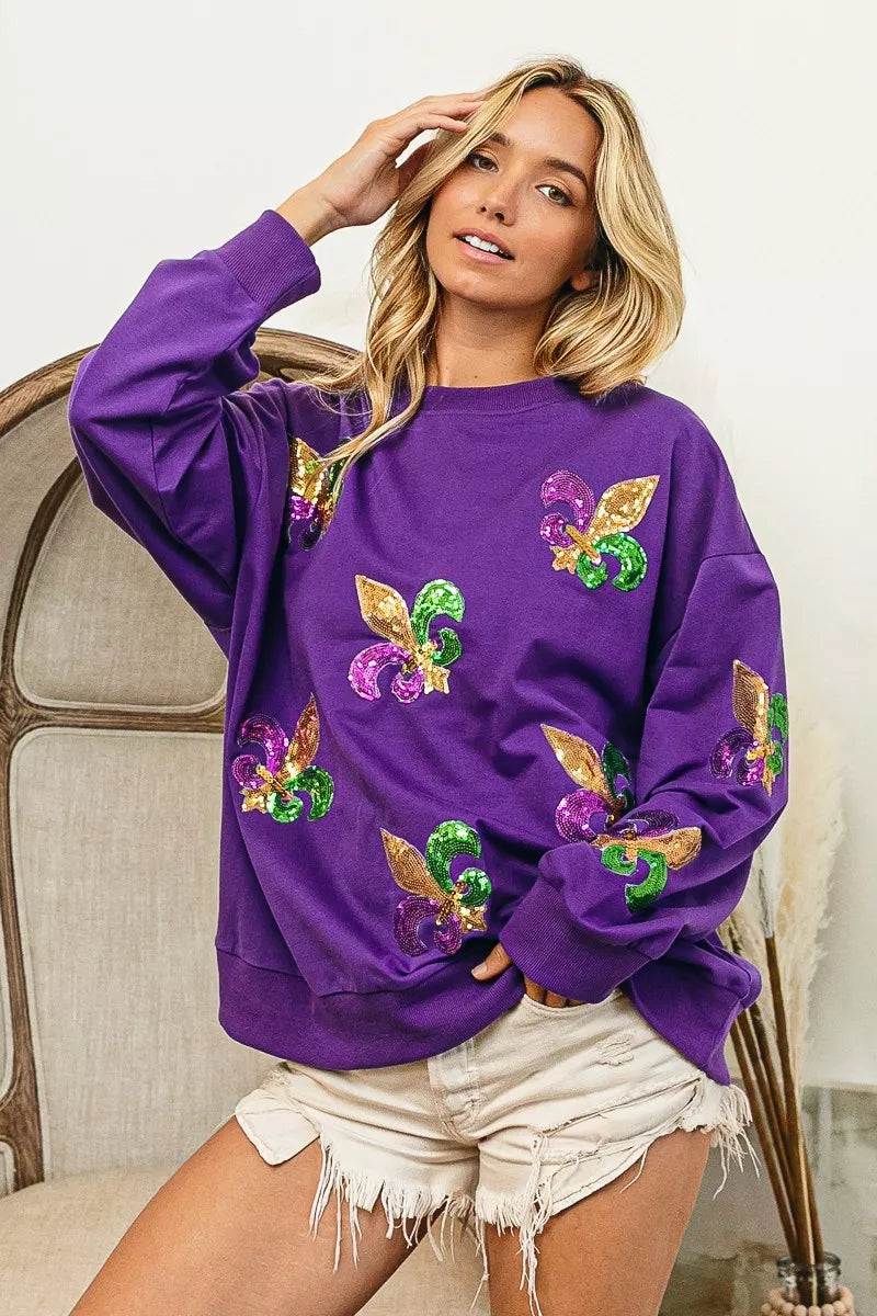 Fleur De Lis Sequin Patches Mardi Gras Sweatshirt