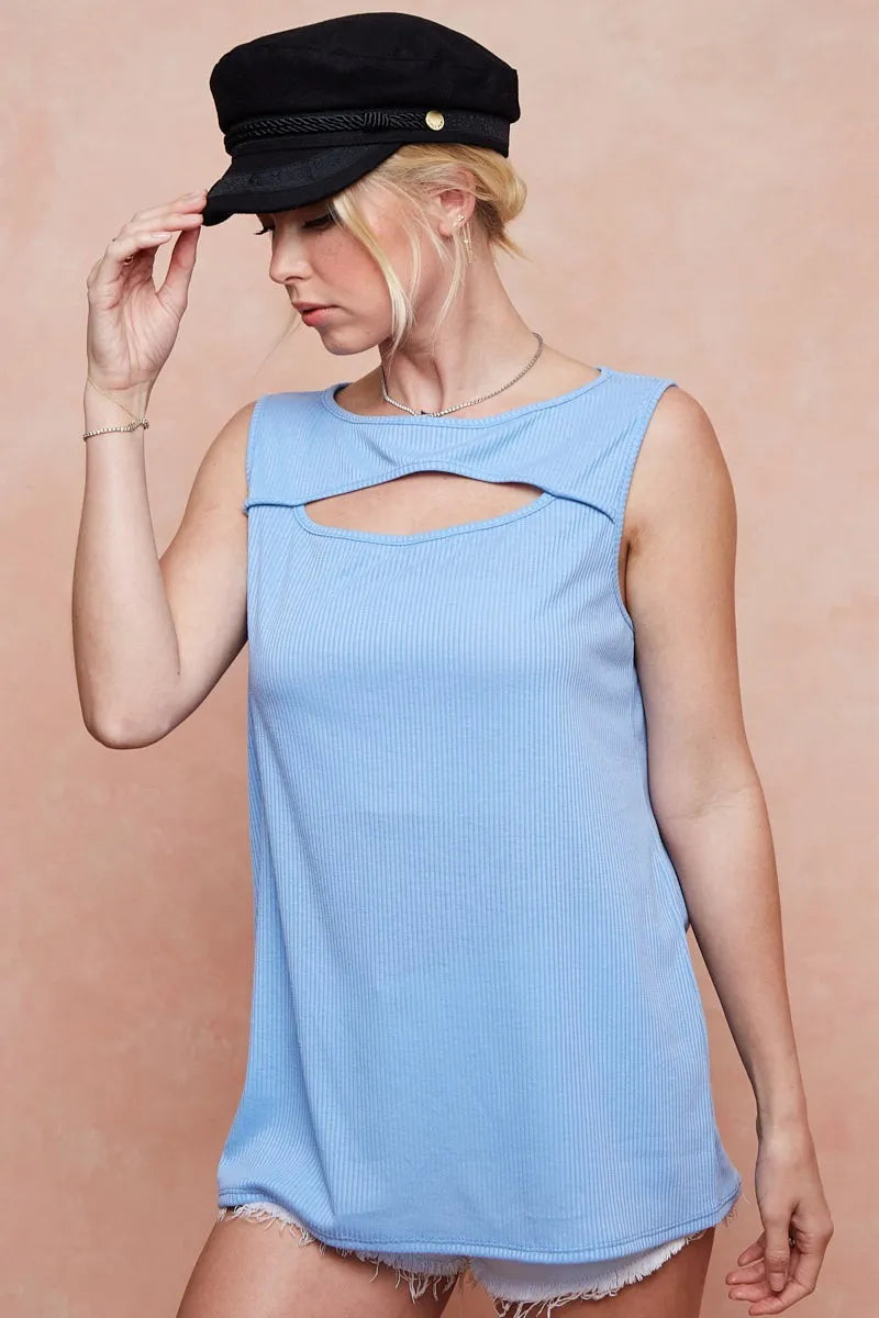 Soft Rib Knit with Cut Out Front Sleeveless Top