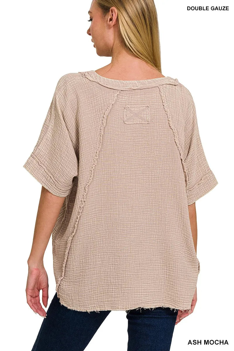 Washed Double Gauze Exposed Seam Short Sleeve Top