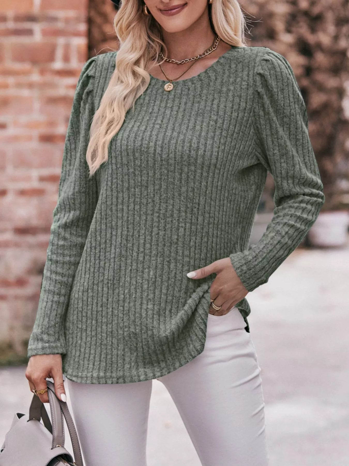 Ribbed Knit Puff Sleeve T-Shirt