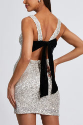 Sexy Women Wear Sleeveless Slim Fit Backless Bow Glitter Mini Dress