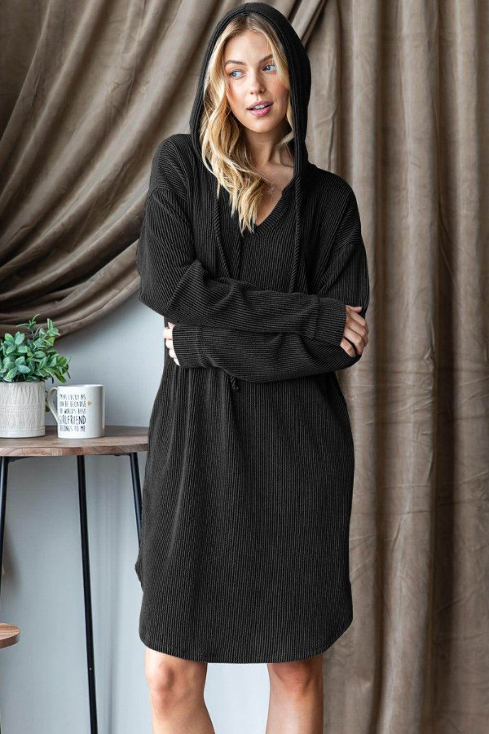 Heimish Ribbed Long Sleeve Hooded Dress for Women
