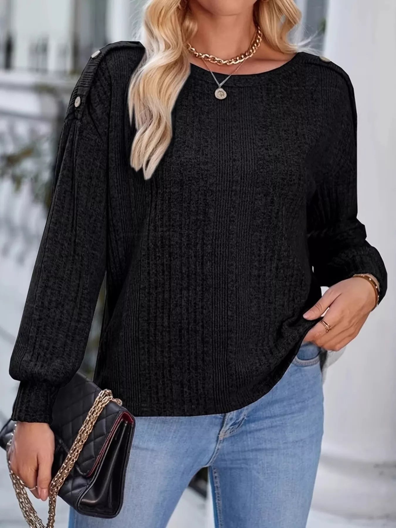 Boat Neck Ribbed Knit T-Shirt