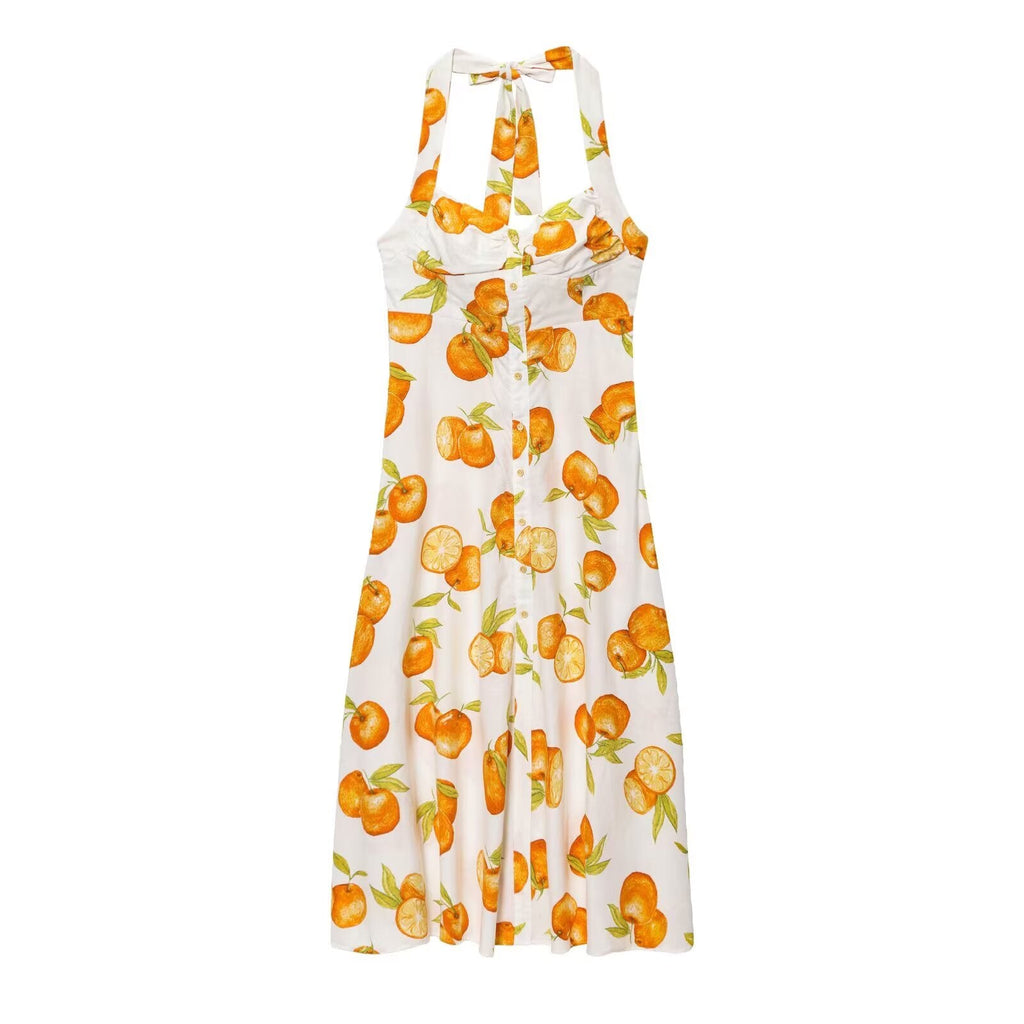 Women Clothing Fashionable Temperamental All Match Linen Printed Halter Dress