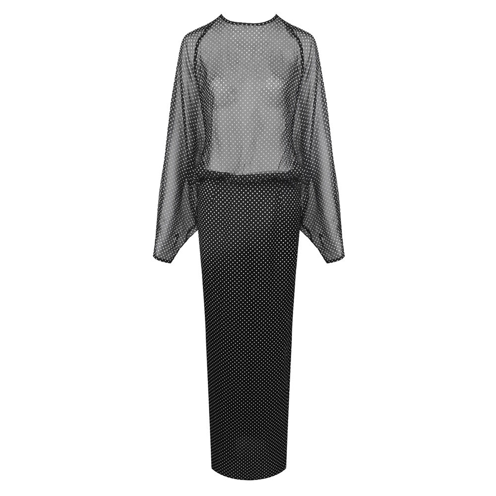 Women Solid Color Fall Long Sleeve French Polka Dot Chiffon Dress
