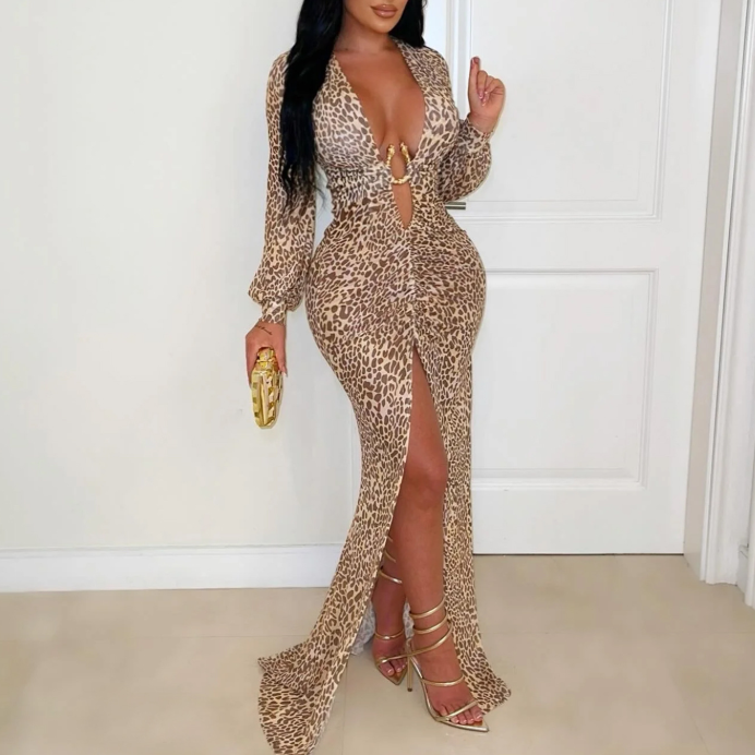 Women Wear Sexy Deep V Plunge Leopard Print Split Arm Covering Dress