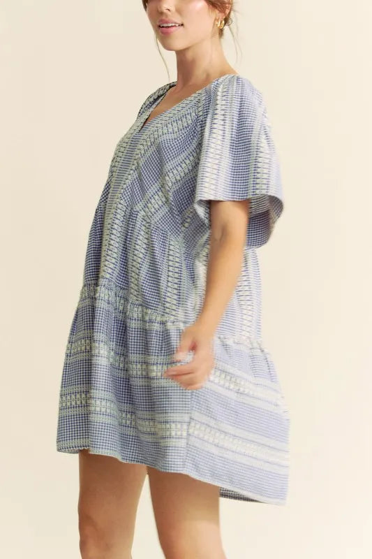 Davi & Dani Embroidered Stripe Ruffled Gingham Mini Dress