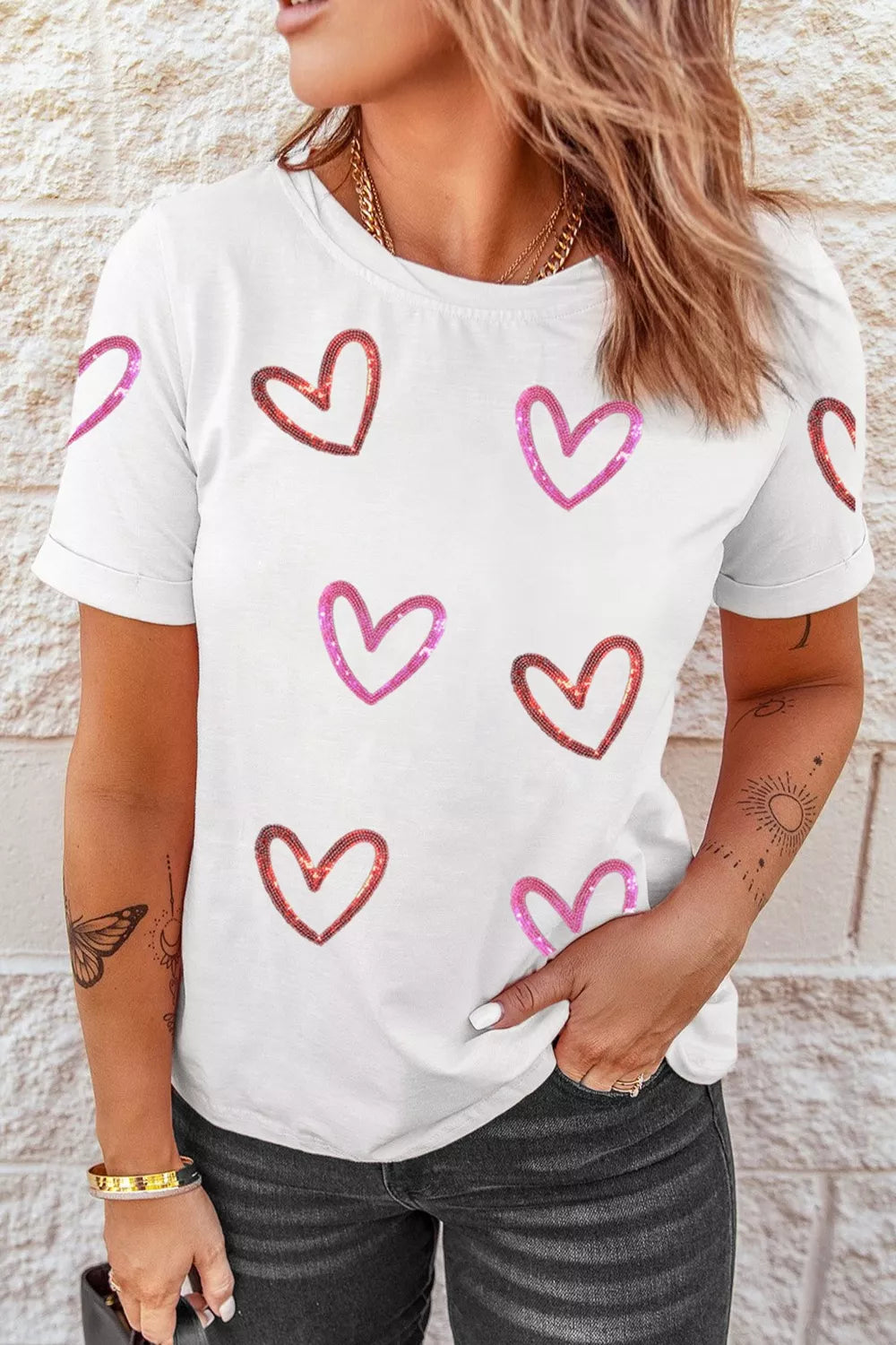 Sequin Heart Short Sleeve Casual Tee