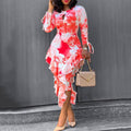 Autumn Winter Office Printed Ruffled Sheath One Step Dress
