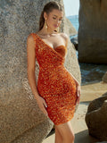 Women Sleeveless Sheath Dress Elegant French One Shoulder Sequined Party Short Dress