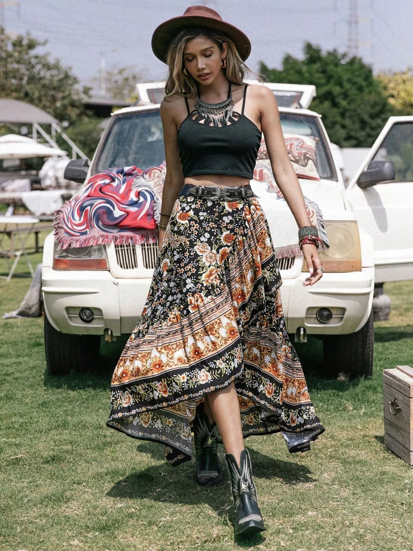 Plus Size Boho Floral Print High-Low Skirt See size chart under “more details”
