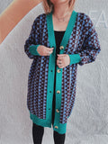 Contrast Trim Geometric Button Down Cardigan