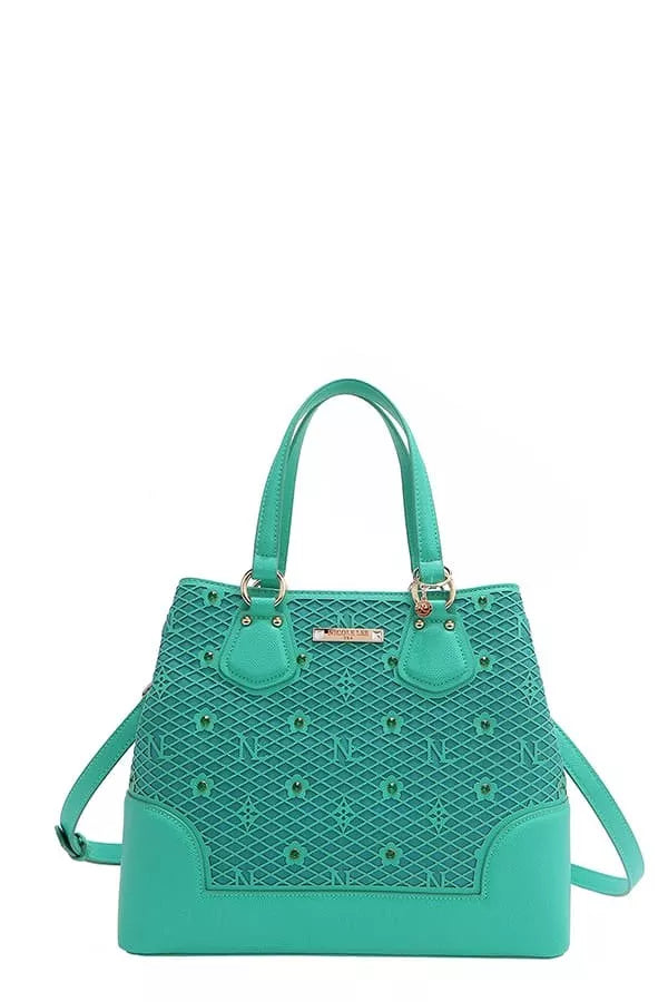 Monogram Pattern Handbag with Rhinestones Decor