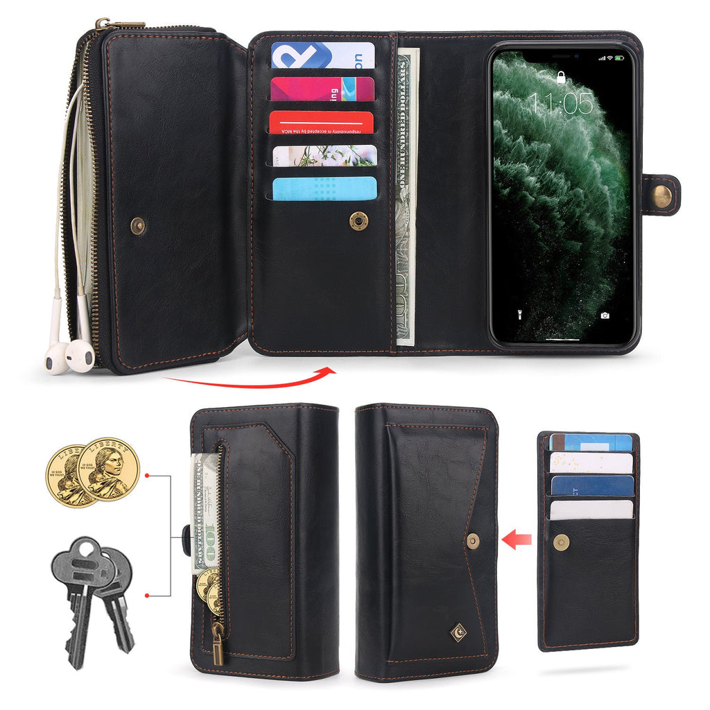 Compatible with Apple , Multifunctional Three-Fold Zipper Wallet Magnetic Case