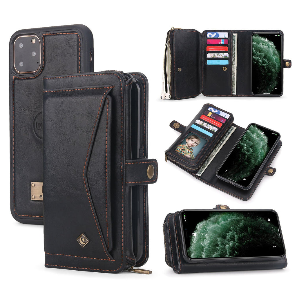 Compatible with Apple , Multifunctional Three-Fold Zipper Wallet Magnetic Case