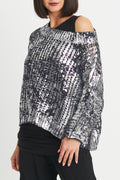 Cotton Metallic Crochet Boatneck Sweater - Manatee/Silver