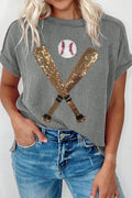 Sequin Baseball Shirt - Sequin Baseball Round Neck Short Sleeve T-Shirt