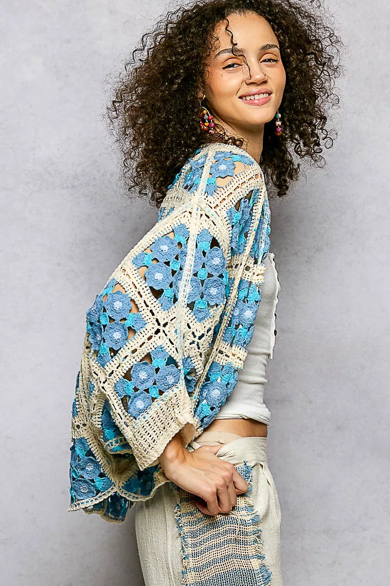 POL Open Front Floral Crochet Cardigan