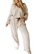 Khaki Stripe Plus Size Collared V Neck Loose Pullover Drawstring Elastic Waist Wide Leg Pant Set