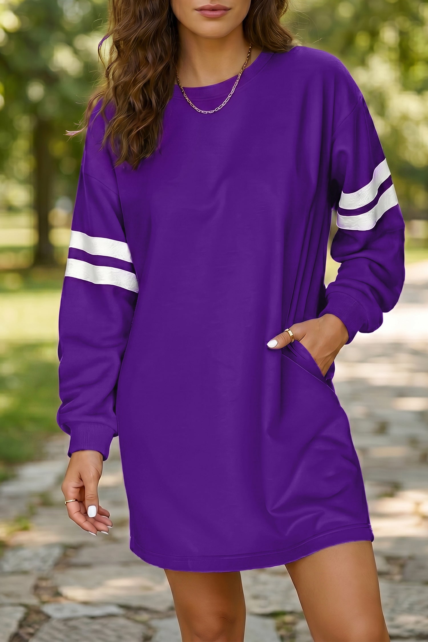 Tillandsia Purple Varsity Contrast Banded Sleeve Shift Sweatshirt Dress