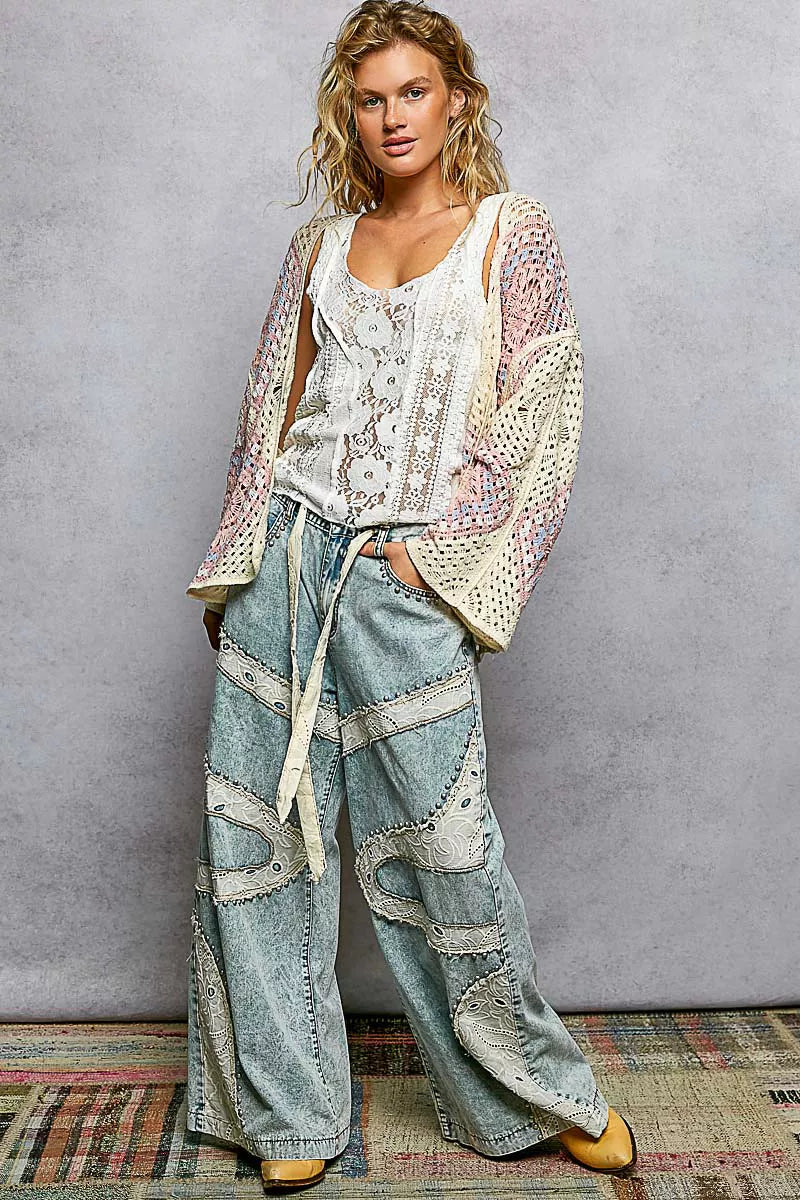 POL Open Front Crochet Cardigan with Granny Square Pattern