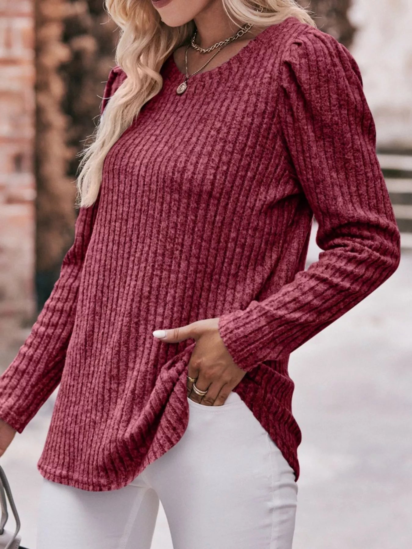 Ribbed Knit Puff Sleeve T-Shirt