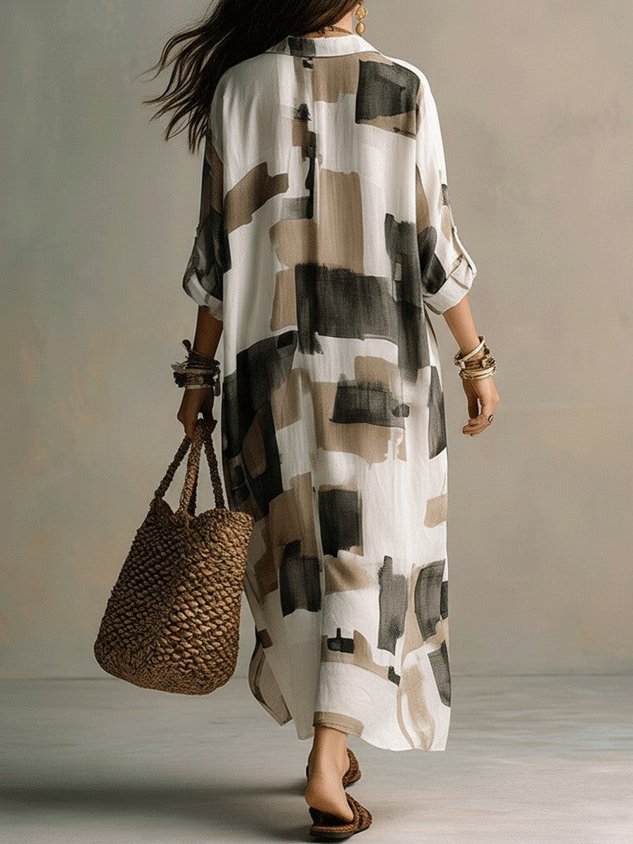 New Arrival Casual & American Vacation Style Printed Lapel Long Sleeve Maxi Dress