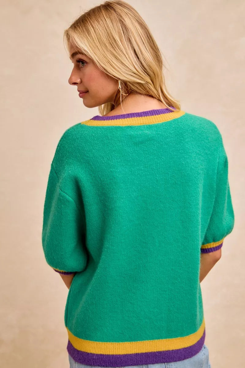 Mardi Gras Sequin Ribbon Patched Sweater