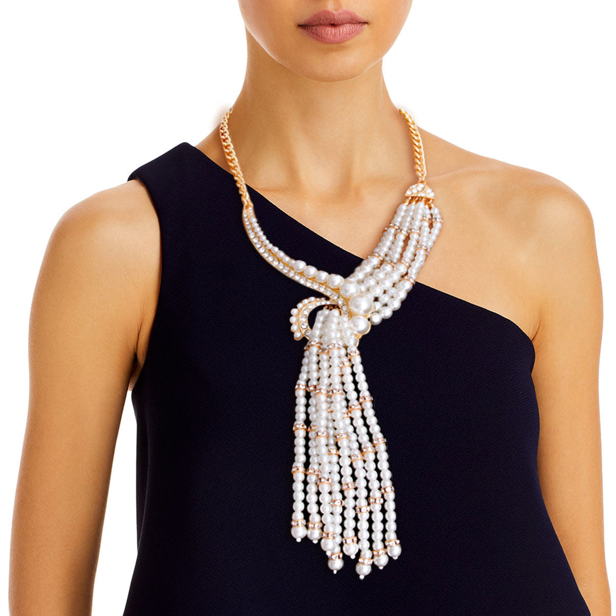 Statement Necklace Set Asymmetric Pearl and Rhinestone Knot Trendy Chic